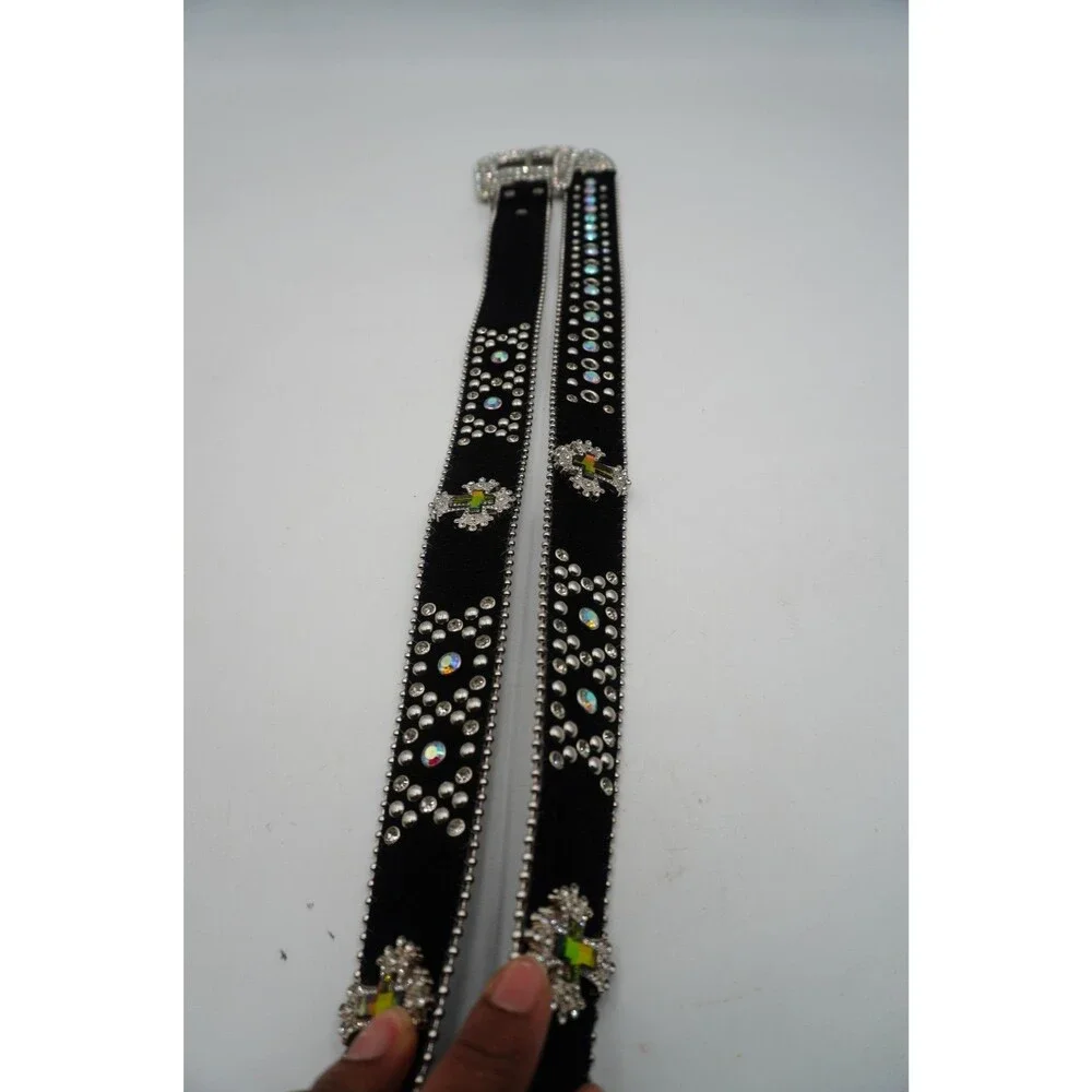 Black Pony Hair Cross Stones Studs White Stones Studded Rhinestones Belt 49